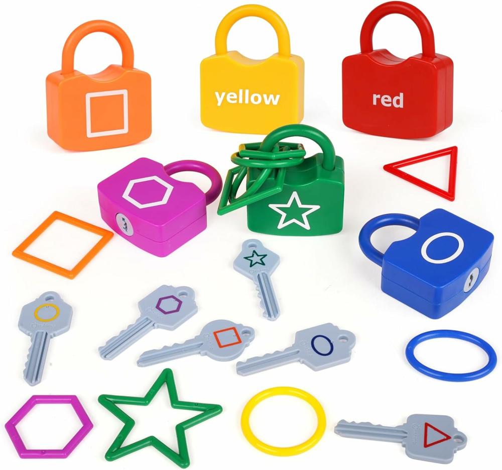 Jouets de tri et d’empilage  | Jeux éducatifs de tri de formes pour tout-petits Montessori – Ensemble de jouets de reconnaissance de formes géométriques et de tri de couleurs avec cadenas et clés pour l’apprentissage à la maternelle (correspondance de formes).