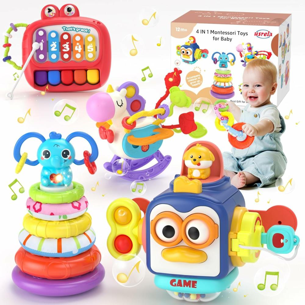 Jouets de tri et d’empilage  | Jouet 4 en 1 pour bébé de 6 à 18 mois – Jouets Montessori pour bébés de 6 à 12 mois – Cube d’activités pour bébé – Jouets d’empilage – Jouet de voyage à tirer licorne – Jouet piano xylophone – Cadeau d’anniversaire pour bébé de 5, 6 et 9 mois.