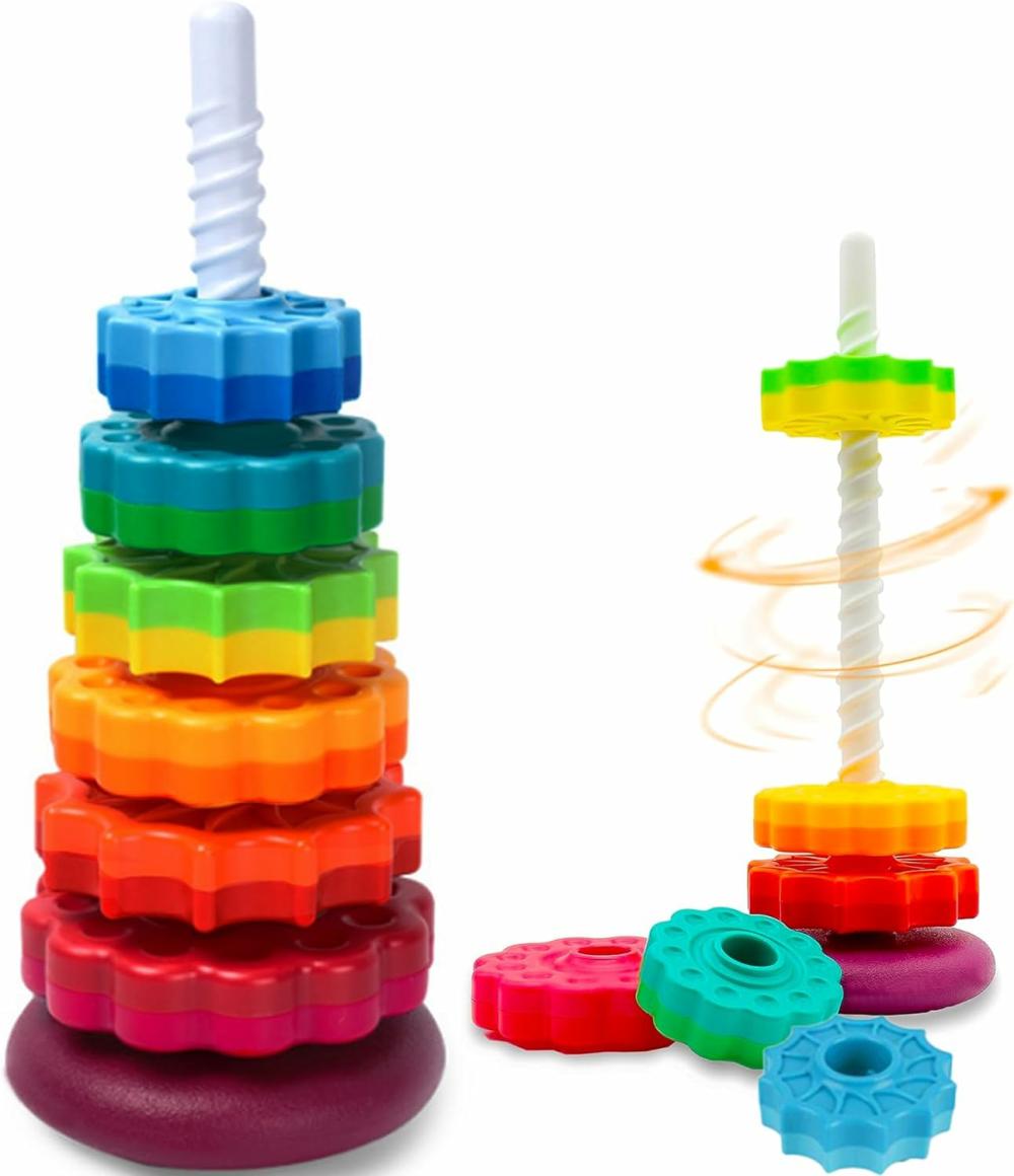 Jouets de tri et d’empilage  | Jouet à faire tourner pour bébé – Jouet d’empilage pour bébés et tout-petits – Jouets éducatifs pour l’apprentissage des tout-petits – Jouet à roue tournante arc-en-ciel pour la concentration, la dextérité, le développement cérébral et l’apprentissage interactif avec des jouets d’empilage.