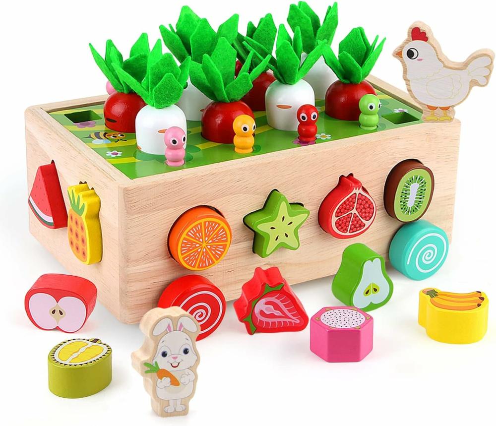 Jouets de tri et d’empilage  | Jouet de jardin en bois Montessori pour bébés garçons et filles de 1 à 3 ans – Jouet de développement des compétences motrices fines – Idée cadeau – Tri de couleurs et de formes – Chariot de verger – Jeu de ferme pour tout-petits de 1 à 3 ans.