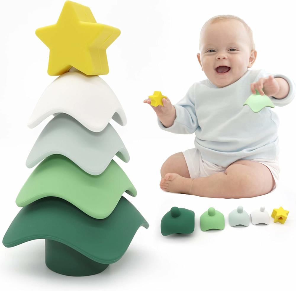 Jouets de tri et d’empilage  | Jouet empilable et emboîtable – Jouets de Noël pour bébés – Blocs en silicone – Anneaux de construction souples – Empilables et hochets – Jouets sensoriels Montessori pour tout-petits et enfants – Cadeau de Noël – Décoration de table (sapin de Noël)