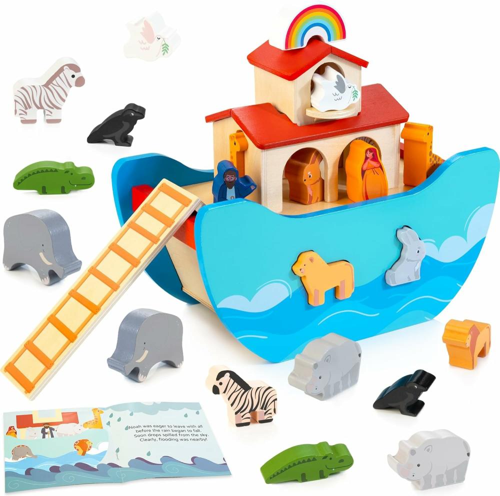 Jouets de tri et d’empilage  | Jouet en bois de l’Arche de Noé avec animaux – Ensemble de jeux inspiré de la Bible – Cadeau de baptême pour garçons et filles de 1 an et plus – Jouet de tri de formes pour bébés