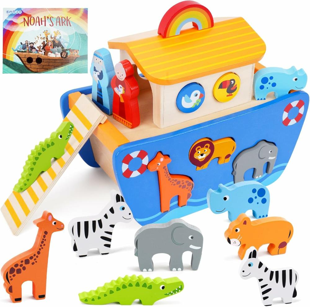 Jouets de tri et d’empilage  | Jouet en bois de l’Arche de Noé pour tout-petits – Ensemble de jeux d’animaux – Cadeaux de baptême pour garçons et filles de 1 à 3 ans – Jouets Montessori d’apprentissage précoce avec livre d’histoires bibliques pour bébés de 12, 18 et 24 mois.