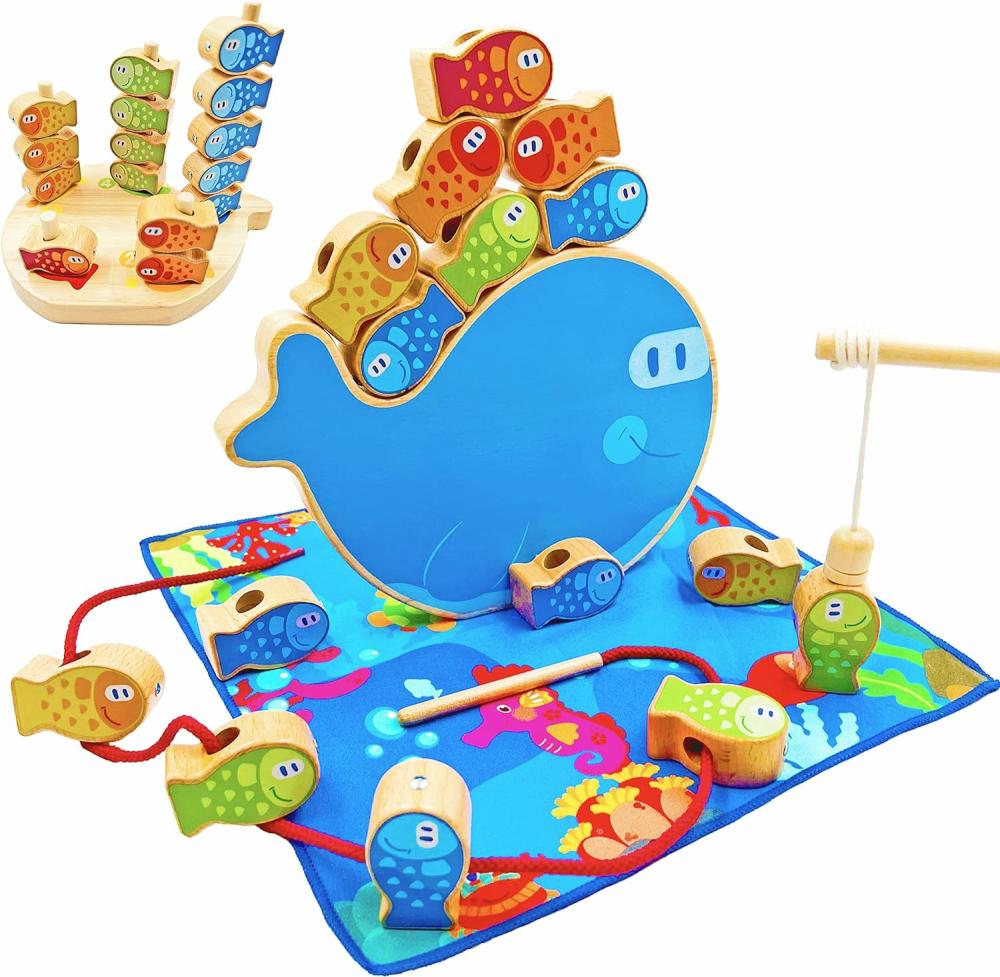 Jouets de tri et d’empilage  | Jouet Montessori Dailyfunn 4-en-1 Jeu de Pêche Magnétique Blocs Empilables Perles à Enfiler Jouets pour Tout-Petits et Enfants