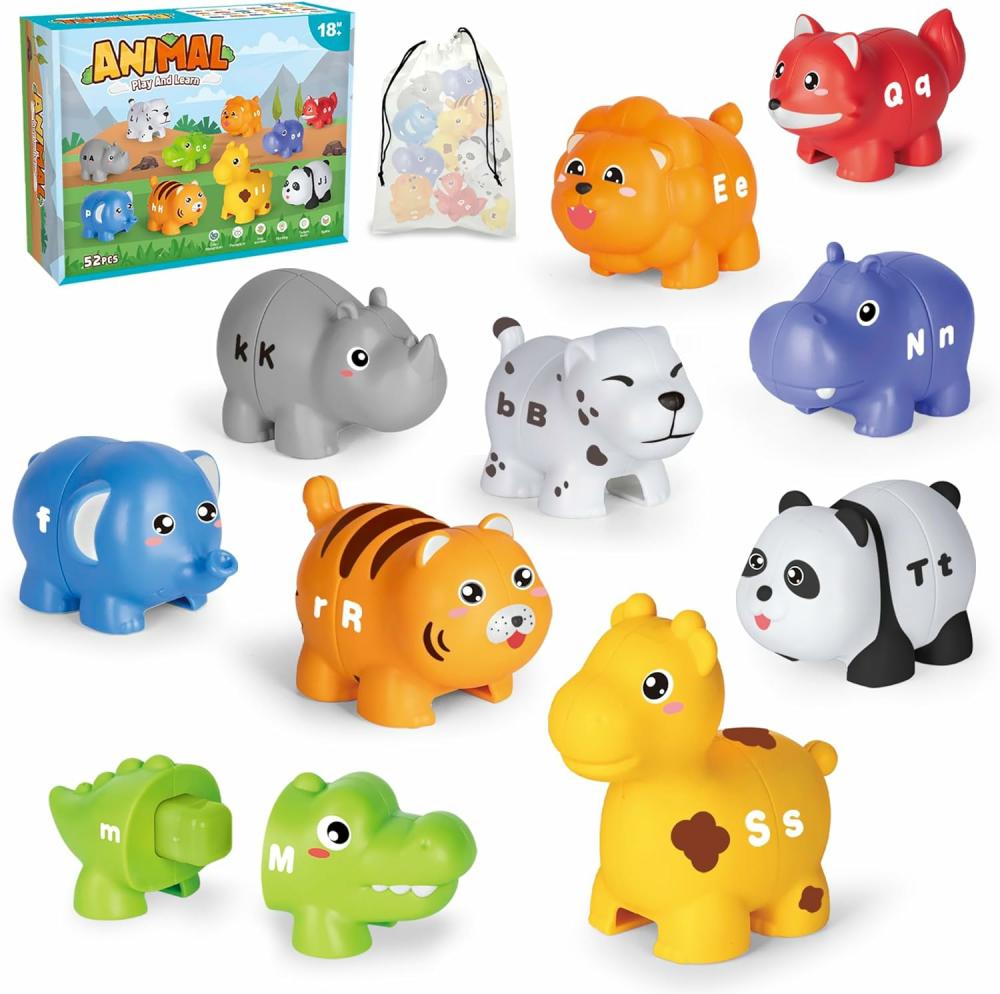 Jouets de tri et d’empilage  | Jouets d’apprentissage pour enfants de 2 à 4 ans – Jeu de correspondance de l’alphabet ABC avec 52 pièces, lettres majuscules et minuscules, 10 figurines d’animaux différentes, activités préscolaires, jouets Montessori pour le développement des compétences motrices fines chez les tout-petits.