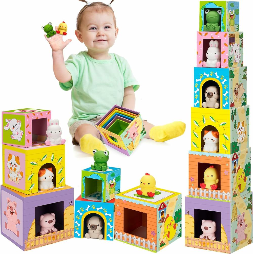 Jouets de tri et d’empilage  | Jouets d’apprentissage pour tout-petits 1 2 3, jouets de ferme animaux, blocs de construction emboîtables et empilables, jouets Montessori de comptage, jeux de tri pour le développement moteur fin, cadeau d’anniversaire ou de Pâques pour les bébés garçons et filles âgés de 12 à 18 mois.