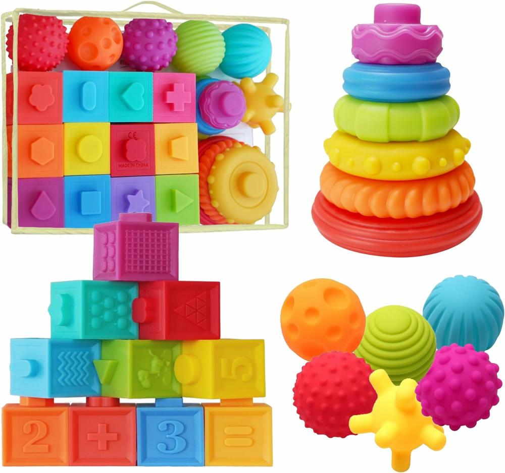 Jouets de tri et d’empilage  | Jouets de dentition en silicone Montessori pour bébés de 6 mois et plus – Jouets éducatifs et de développement sensoriel pour nourrissons et tout-petits – Blocs de construction, anneaux empilables, balles sensorielles – (24 pièces)