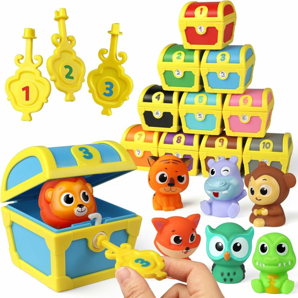 Jouets de tri et d’empilage  | Jouets de motricité fine pour tout-petits – 10 marionnettes surprise d’animaux avec verrous numériques – Jeu de chasse au pirate avec tri de couleurs assorties – Cadeau Montessori d’apprentissage pour les enfants de 3 à 5 ans.