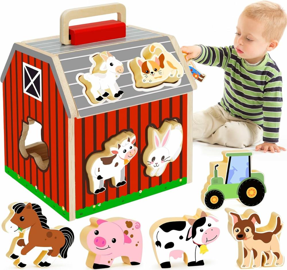 Jouets de tri et d’empilage  | Jouets en Bois Animaux de Ferme pour Filles et Garçons de 1 à 3 Ans – Jouet de Tri de Grange à Emporter avec Puzzles Épaissis pour Bébé – Jouets Montessori pour Apprentissage des Compétences Motrices Fines – Cadeaux de Noël et d’Anniversaire pour Tout-Petits de 1 à 3 Ans