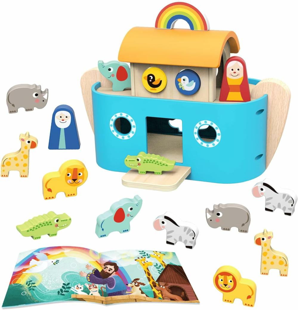 Jouets de tri et d’empilage  | Jouets en bois de l’Arche de Noé pour tout-petits – Tri de formes d’animaux – Cadeaux de baptême pour garçons et filles – Jouets de conte biblique avec livre – Jouets éducatifs Montessori pour enfants de 2, 3 et 4 ans