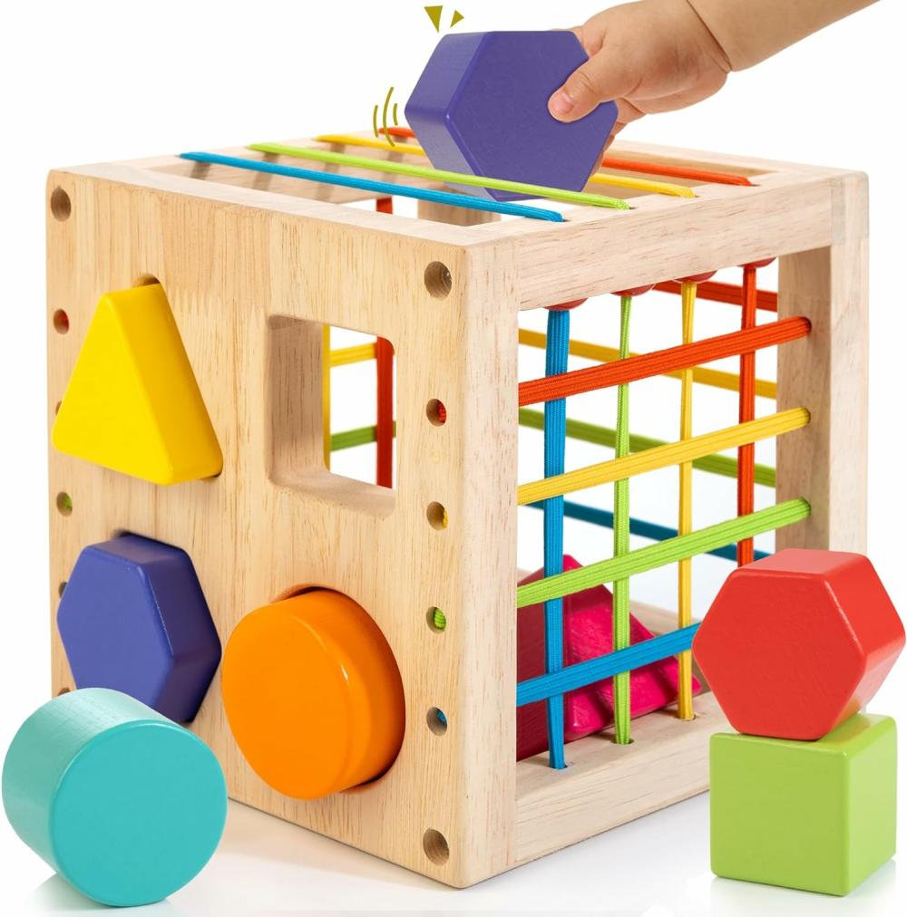 Jouets de tri et d’empilage  | Jouets en bois de tri de formes pour tout-petits de 1 à 3 ans – Jouets Montessori pour bébés de 1 an, filles et garçons – Cube d’activités avec 8 blocs de formes géométriques et boîte cadeau pour Noël.