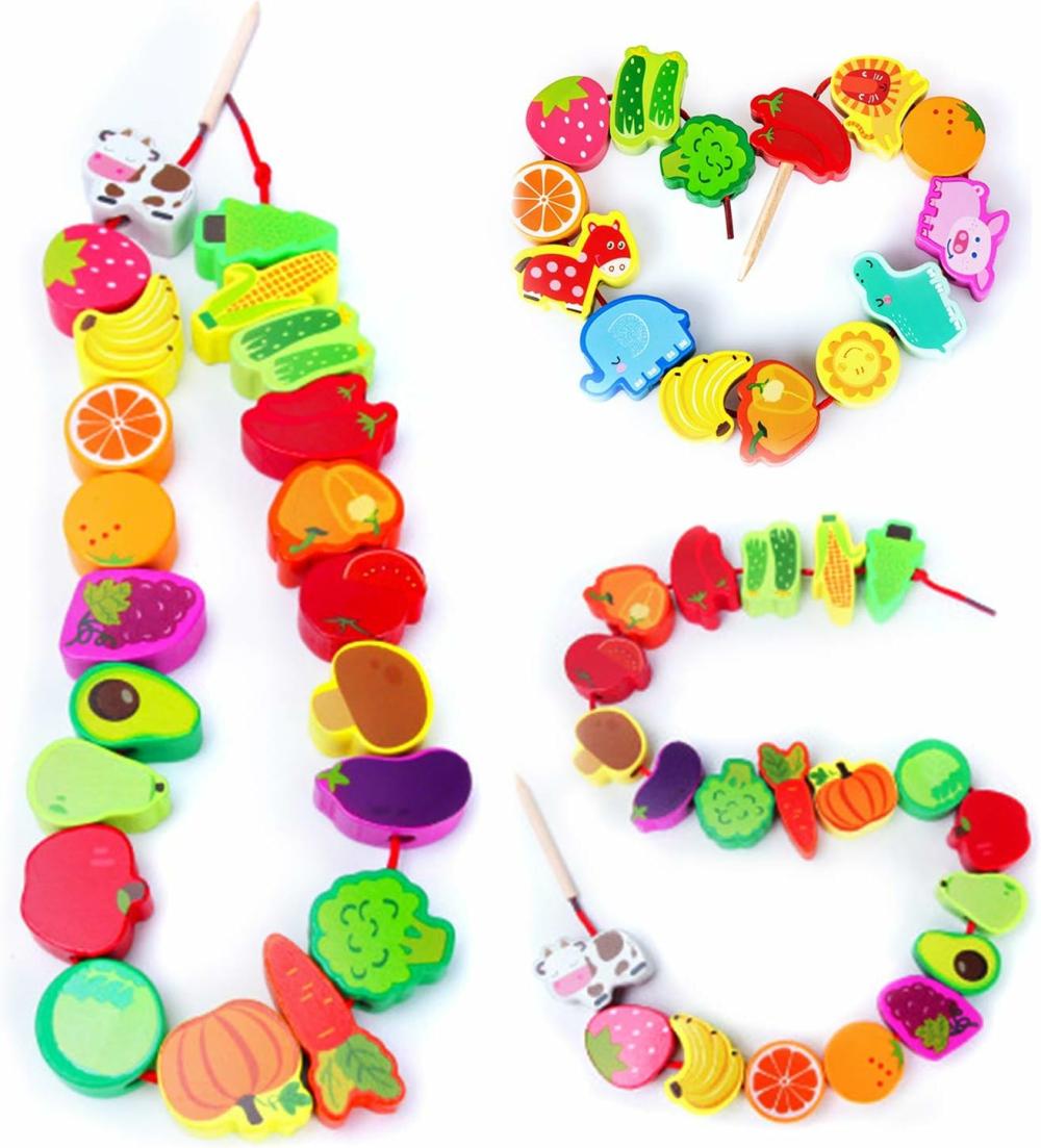 Jouets de tri et d’empilage  | Jouets en Bois Montessori avec Perles à Enfiler pour Enfants de 3 à 5 Ans – Animaux de Ferme, Fruits, Légumes – Jouets de Filage pour Maternelle – Développement des Compétences Motrices Fines pour Garçons et Filles [Avec Autocollants 3D]