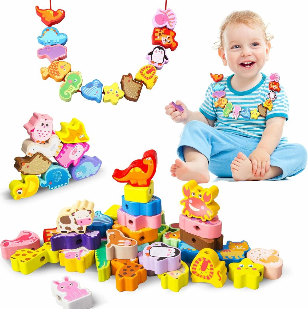 Jouets de tri et d’empilage  | Jouets en perles à enfiler en bois Montessori pour enfants de 3 à 5 ans – Animaux de la ferme, dinosaures, poissons – Jouets de filage pour la maternelle – Développement des compétences motrices fines pour garçons et filles.