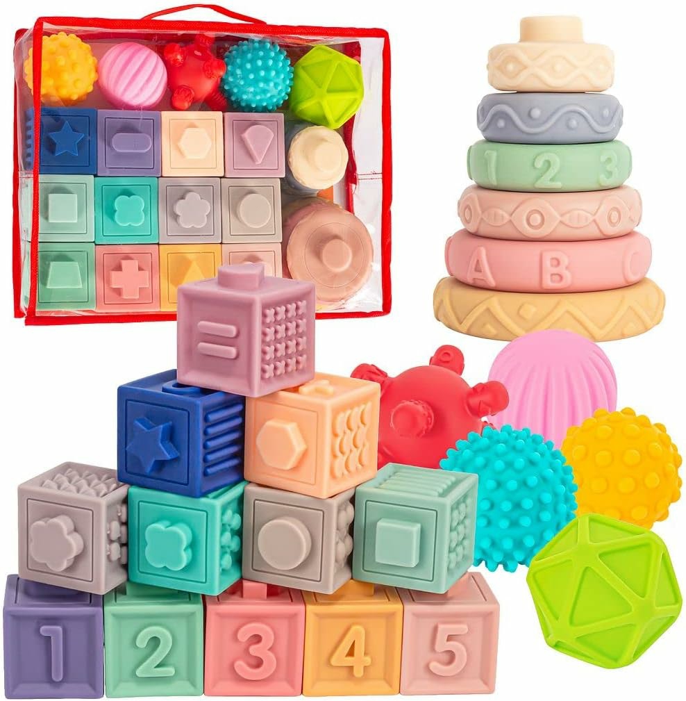 Jouets de tri et d’empilage  | Jouets Montessori 3 en 1 pour bébés de 0 à 12 mois, jouets de dentition doux pour bébés, blocs de construction empilables pour nourrissons, jouets éducatifs sensoriels pour bébés de 12 à 18 mois, 23 pièces.