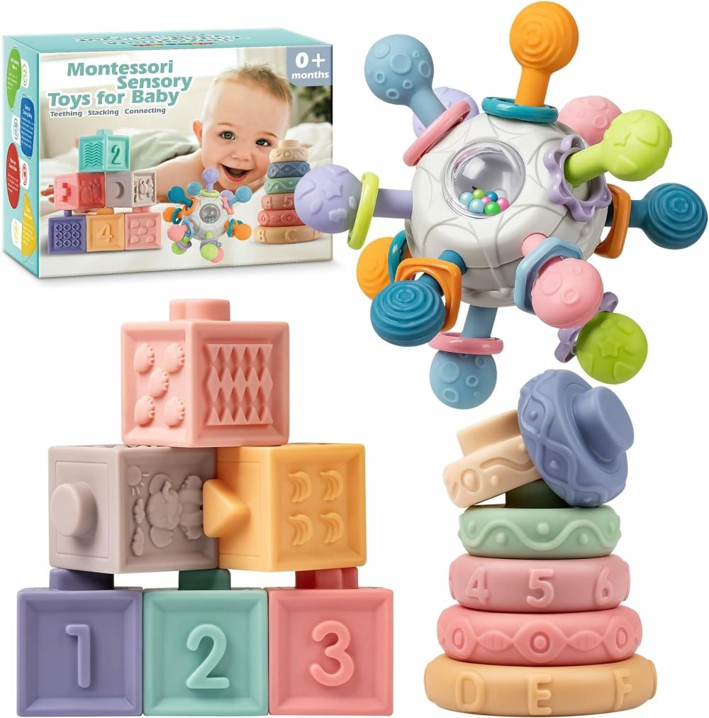 Jouets de tri et d’empilage  | Jouets Montessori 3 en 1 pour bébés de 0 à 18 mois : hochet, anneau de dentition, blocs de construction et anneaux empilables doux. Jouets éducatifs pour le développement sensoriel, cadeau idéal pour les tout-petits de 0 à 18 mois.