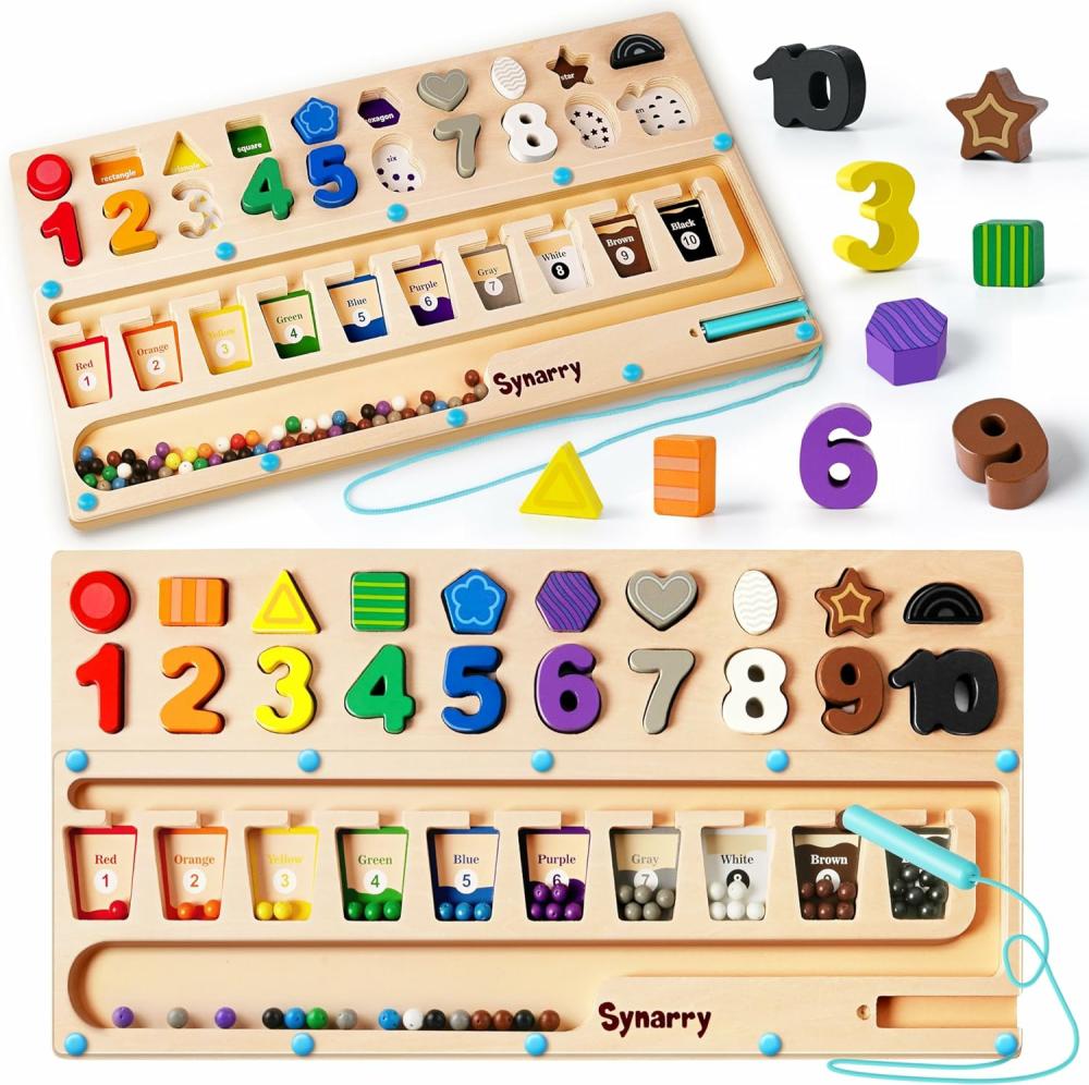 Jouets de tri et d’empilage  | Jouets Montessori 3 en 1 pour enfants de 3 ans et plus – Labyrinthe éducatif magnétique de couleurs et de chiffres – Puzzle en bois de formes et de chiffres – Jouets d’apprentissage du comptage pour les tout-petits de 2 à 4 ans – Activités d’apprentissage préscolaire.