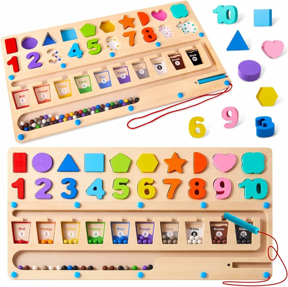 Jouets de tri et d’empilage  | Jouets Montessori 3 en 1 pour enfants de 3 ans et plus – Labyrinthe éducatif magnétique de couleurs et de chiffres – Puzzles en bois de formes et de chiffres – Jouets de tri pour tout-petits – Activités d’apprentissage préscolaire – Indispensables pour la classe