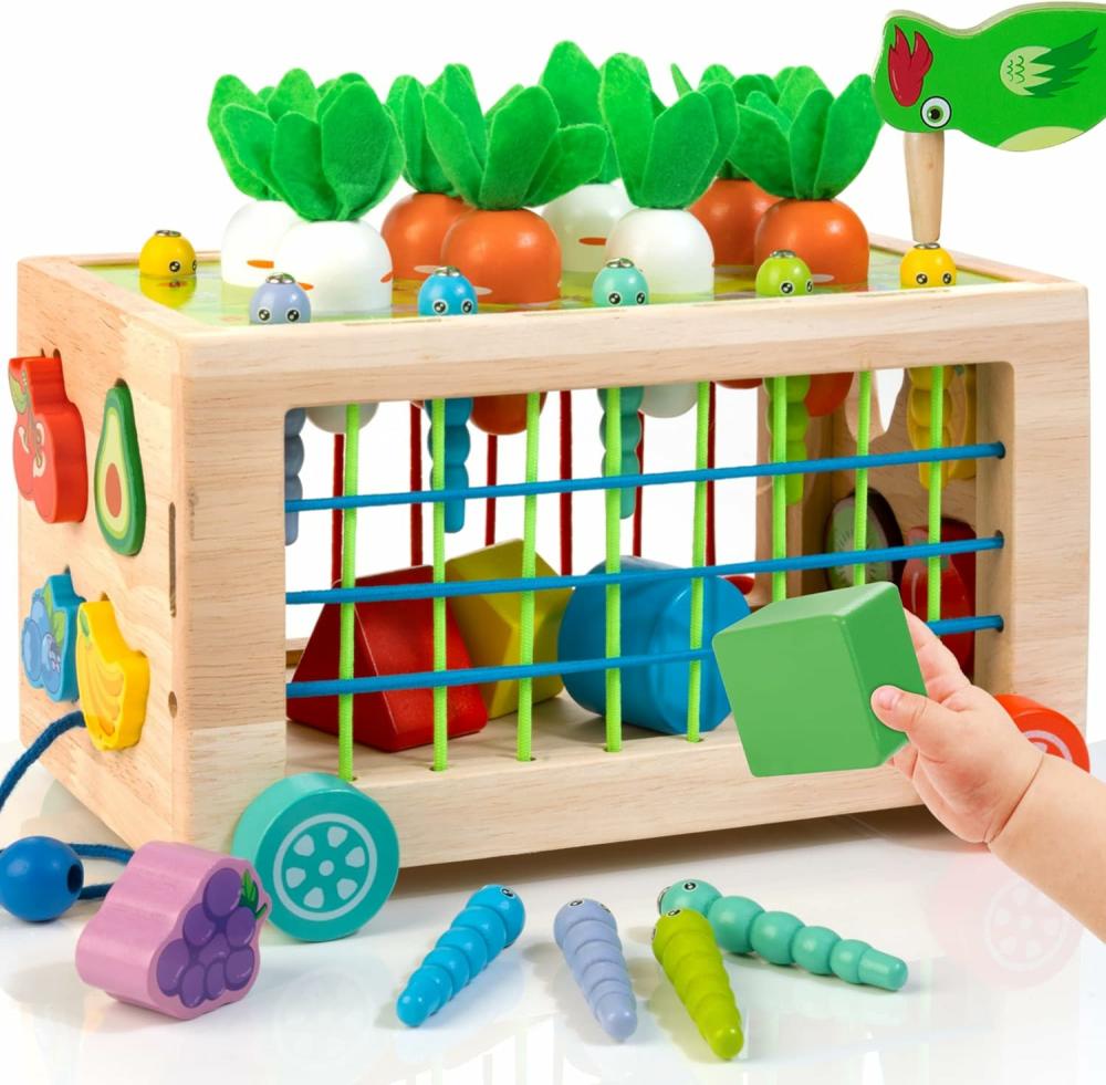 Jouets de tri et d’empilage  | Jouets Montessori en bois pour enfants de 1 à 2 ans – Jouets 6 en 1 pour bébés de 12 à 18 mois – Jouets éducatifs de tri de formes – Cadeau pour 1er anniversaire, Noël, Pâques – Jouets sensoriels, jeu de récolte de carottes