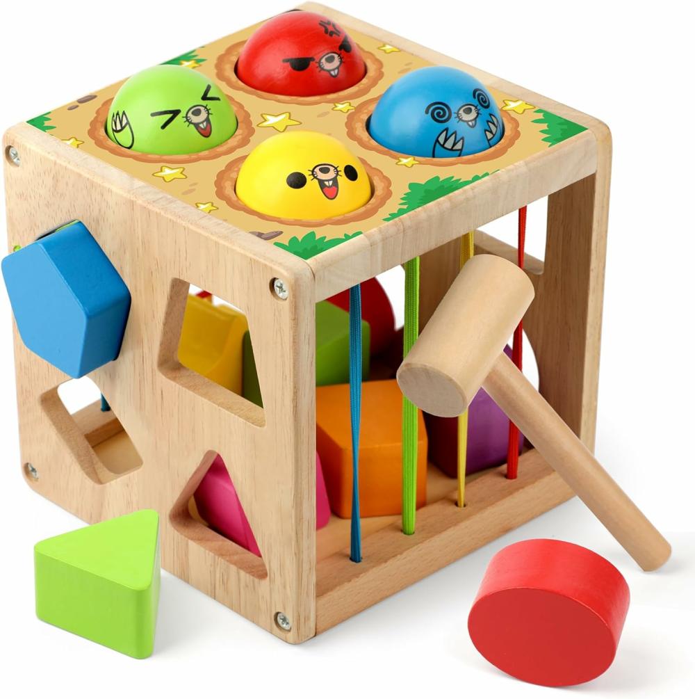 Jouets de tri et d’empilage  | Jouets Montessori en bois pour tout-petits – Cube de tri des formes – Jeu de frappe de taupe – Développement des compétences motrices fines pour les enfants de 1 à 3 ans – Cadeau pour bébés garçons et filles de 18 mois.