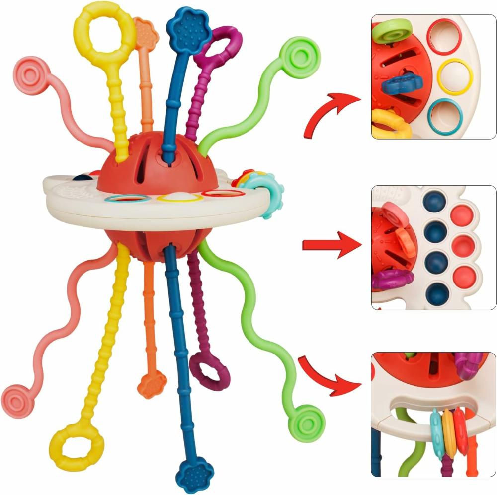 Jouets de tri et d’empilage  | Jouets Montessori en silicone de qualité alimentaire – Activités à tirer avec cordelette – Jouet sensoriel pour bébé en développement – Jouet de dentition à tirer pour siège auto et voyage en avion – Cadeaux d’anniversaire pour garçons et filles en bas âge.