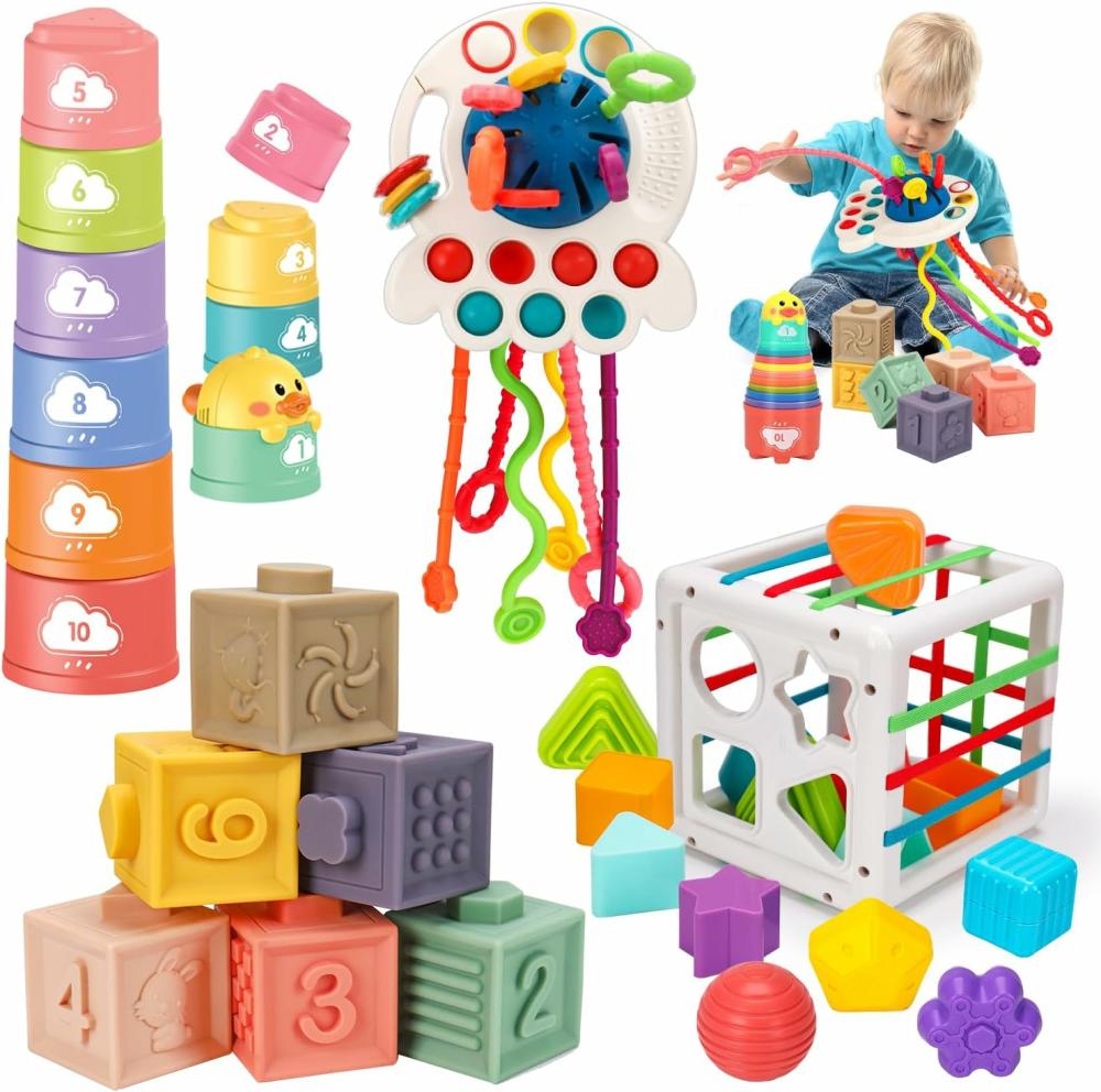 Jouets de tri et d’empilage  | Jouets Montessori pour bébés 6-12-18 mois – Jouet à tirer avec cordon, gobelets empilables, jouet de tri de formes pour enfants de 6 à 12 mois – Jouet d’apprentissage pour le développement sensoriel, cadeau d’anniversaire pour garçon ou fille d’1 an.