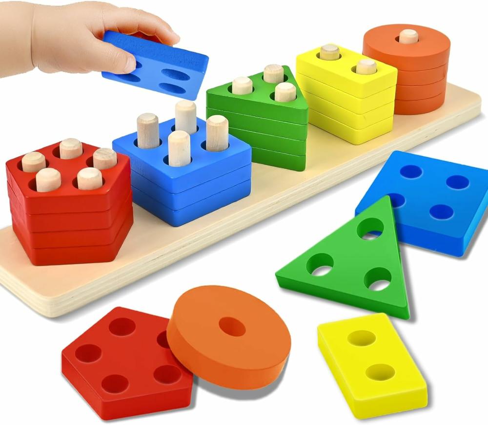 Jouets de tri et d’empilage  | Jouets Montessori pour bébés de 1 à 3 ans – Jouets en bois de tri et d’empilement de formes – Blocs d’activités d’apprentissage – Puzzle éducatif en bois – Idée de cadeau de Noël pour enfant de plus de 12 mois (Arc-en-ciel)