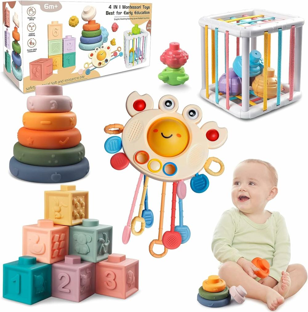 Jouets de tri et d’empilage  | Jouets Montessori pour bébés de 6 à 18 mois – Hochet à tirer, blocs empilables, formes sensorielles et boîte de rangement, plaisir au bain pour nourrissons, jouets 4 en 1 pour garçons et filles de 1, 2 et 3 ans.