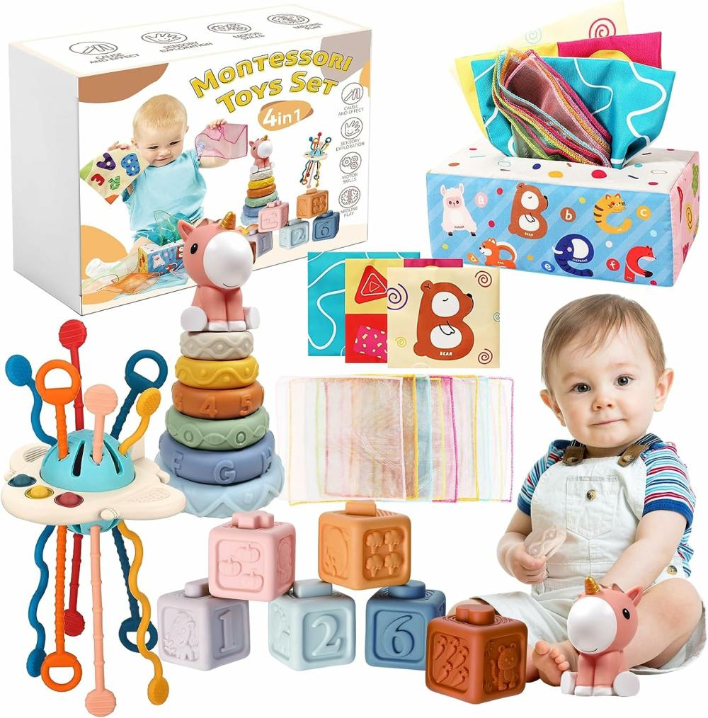 Jouets de tri et d’empilage  | Jouets Montessori pour bébés de 6 mois et plus – Jouets Montessori 4 en 1 pour 6 à 12 mois avec jouets d’empilage pour bébés – Jouets sensoriels pour bébés d’un an, garçons et filles – Cadeaux pour nourrissons et tout-petits – Cadeaux d’anniversaire.