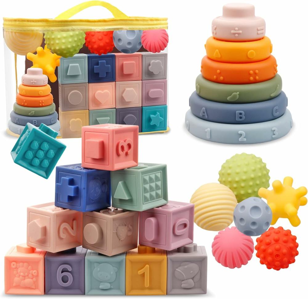 Jouets de tri et d’empilage  | Jouets Montessori pour bébés, ensembles de blocs empilables doux, anneaux et balles, lot de jouets 3 en 1 pour bébés, jouets sensoriels pour 6-12 mois, jouets de dentition doux pour bébés, cadeaux de jouets pour garçons et filles.