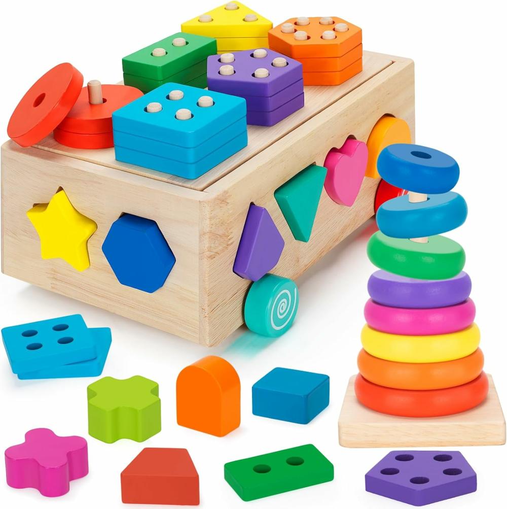 Jouets de tri et d’empilage  | Jouets Montessori pour enfants de 1 an et plus – Jouets en bois de tri de formes, d’appariement et d’empilage d’anneaux – Jouets d’apprentissage pour la maternelle 12-18 mois – Idéal comme cadeau pour garçons et filles de 1, 2 et 3 ans.