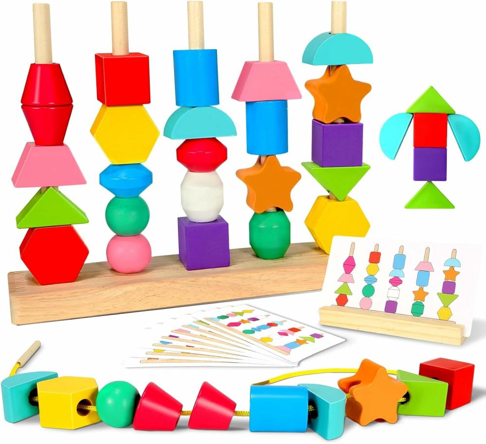 Jouets de tri et d’empilage  | Jouets Montessori pour enfants de 2 à 4 ans – Jeu de correspondance de formes en bois et perles à enfiler – Activités d’apprentissage préscolaire – Jouets pour le développement des compétences motrices fines – Jouets de tri et d’empilage pour tout-petits – Âge 2-4 ans – Garçons et filles.