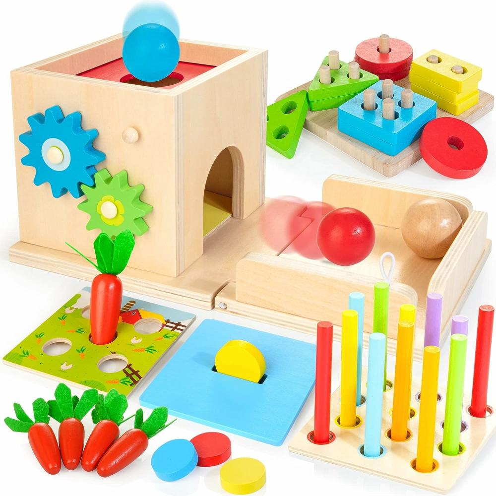 Jouets de tri et d’empilage  | Jouets Montessori pour les enfants de 1 an et plus – Kit de jeu en bois 8-en-1 comprenant une boîte à objets permanente, un cube d’activités d’apprentissage, un jouet de tri et d’empilage, un jeu de récolte de carottes – Cadeau pour garçons et filles de 12 mois et plus.