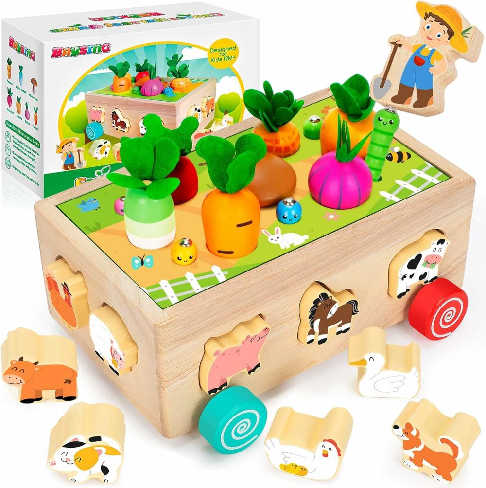 Jouets de tri et d’empilage  | Jouets Montessori pour tout-petits de 2, 3 et 4 ans pour garçons et filles – Jouets éducatifs en bois de tri de formes avec des légumes et des blocs d’animaux de la ferme – Jeu de compétences motrices fines – Cadeau idéal pour les enfants de 1 à 3 ans.