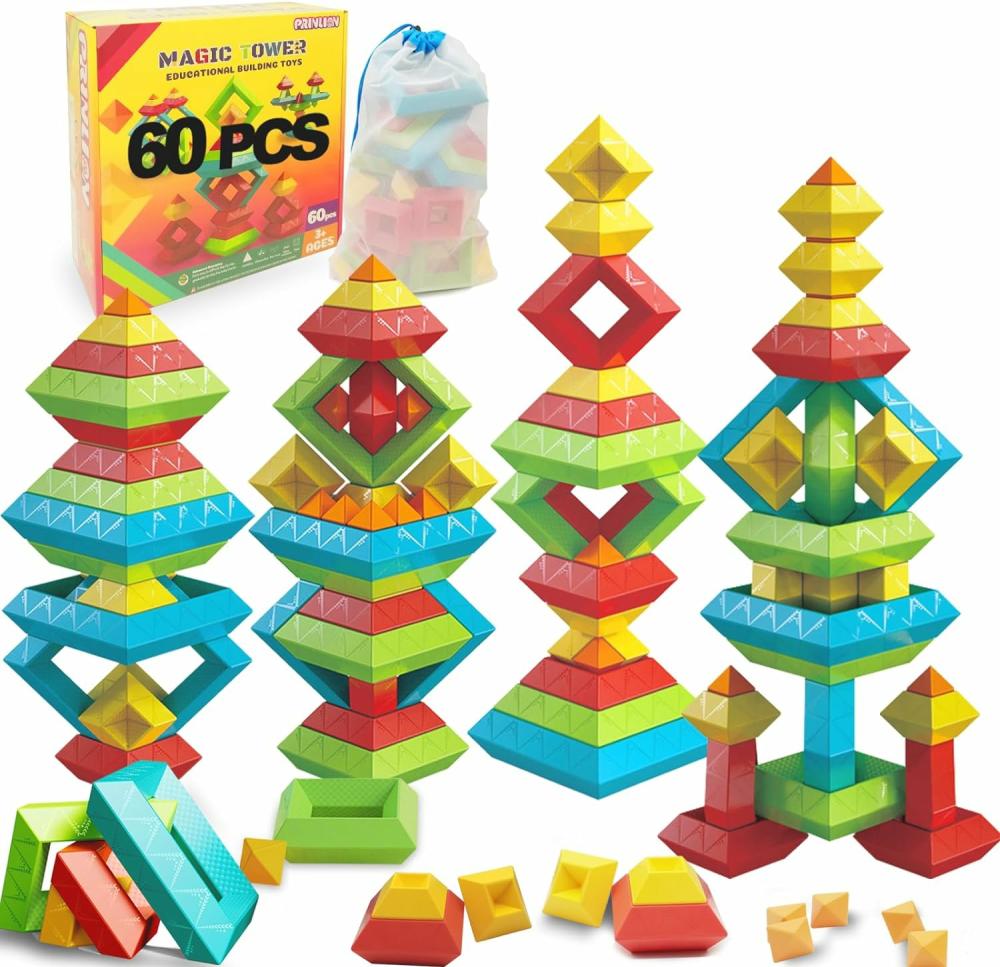 Jouets de tri et d’empilage  | Jouets Montessori pour tout-petits de 2 à 4 ans – 60 pièces de blocs de construction empilables – Jouets sensoriels pour enfants de 1 à 3 ans et de 3 à 5 ans – Activités d’apprentissage préscolaire – Cadeaux éducatifs STEM en forme de pyramide pour garçons et filles.