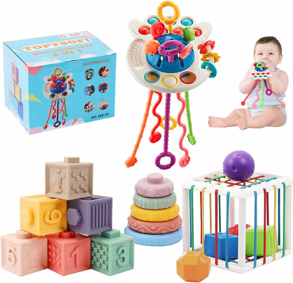 Jouets de tri et d’empilage  | Jouets pour bébés 4 en 1 6-12 mois – Blocs de construction empilables, jouets pour nourrissons et anneaux d’empilage, jouets de dentition 0-6-12-18 mois +, jouets sensoriels de tri de couleurs et de formes, jouets Montessori à tirer pour garçons et filles de 1 à 3 ans – Idée cadeau.