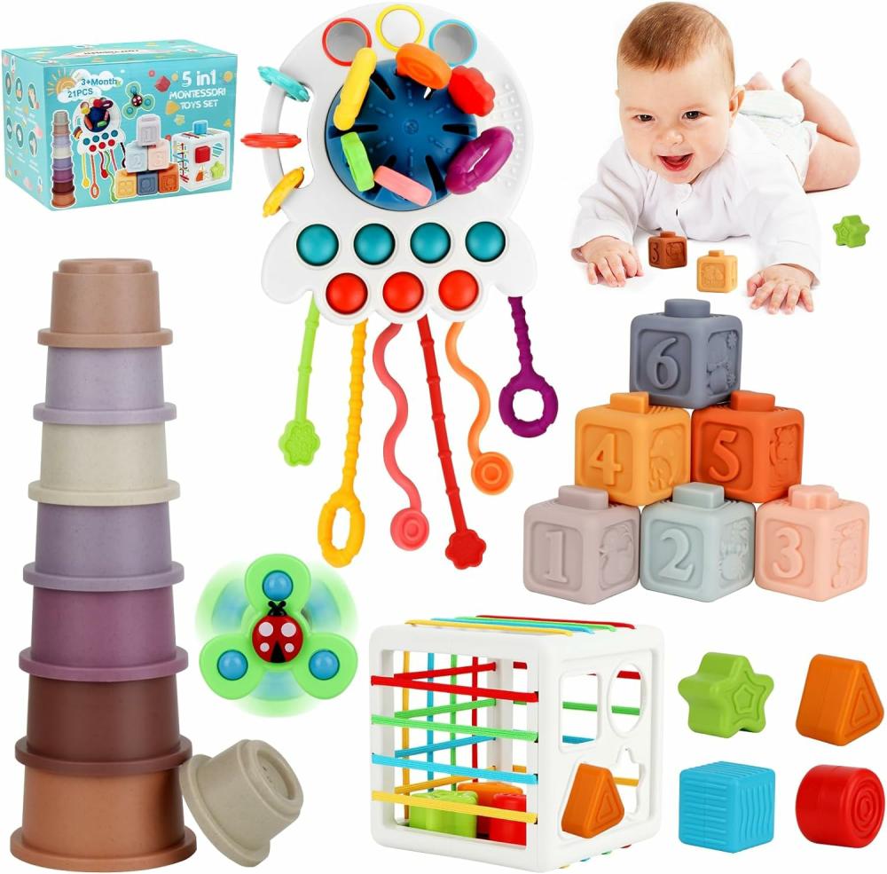 Jouets de tri et d’empilage  | Jouets pour bébés 6-12 mois – Jouets Montessori 5 en 1 pour tout-petits de 1 à 3 ans – Bac sensoriel – Jouets d’empilage pour bébés – Jouets à toupie – Tasses d’empilage – Jouet à tirer – Cadeaux pour bébés garçons et filles de 3, 6, 9, 12, 18 mois et plus.