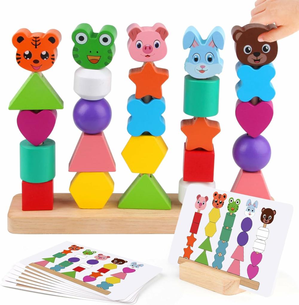 Jouets de tri et d’empilage  | Jouets pour bébés animaux pour garçons et filles de 2 à 4 ans – Mignon lapin, ours, tigre, cochon, grenouille – Ensemble de séquençage de perles en bois – Empilage de formes et de couleurs – Jouets d’apprentissage précoce pour tout-petits de 2 à 4 ans – Cadeaux de Pâques