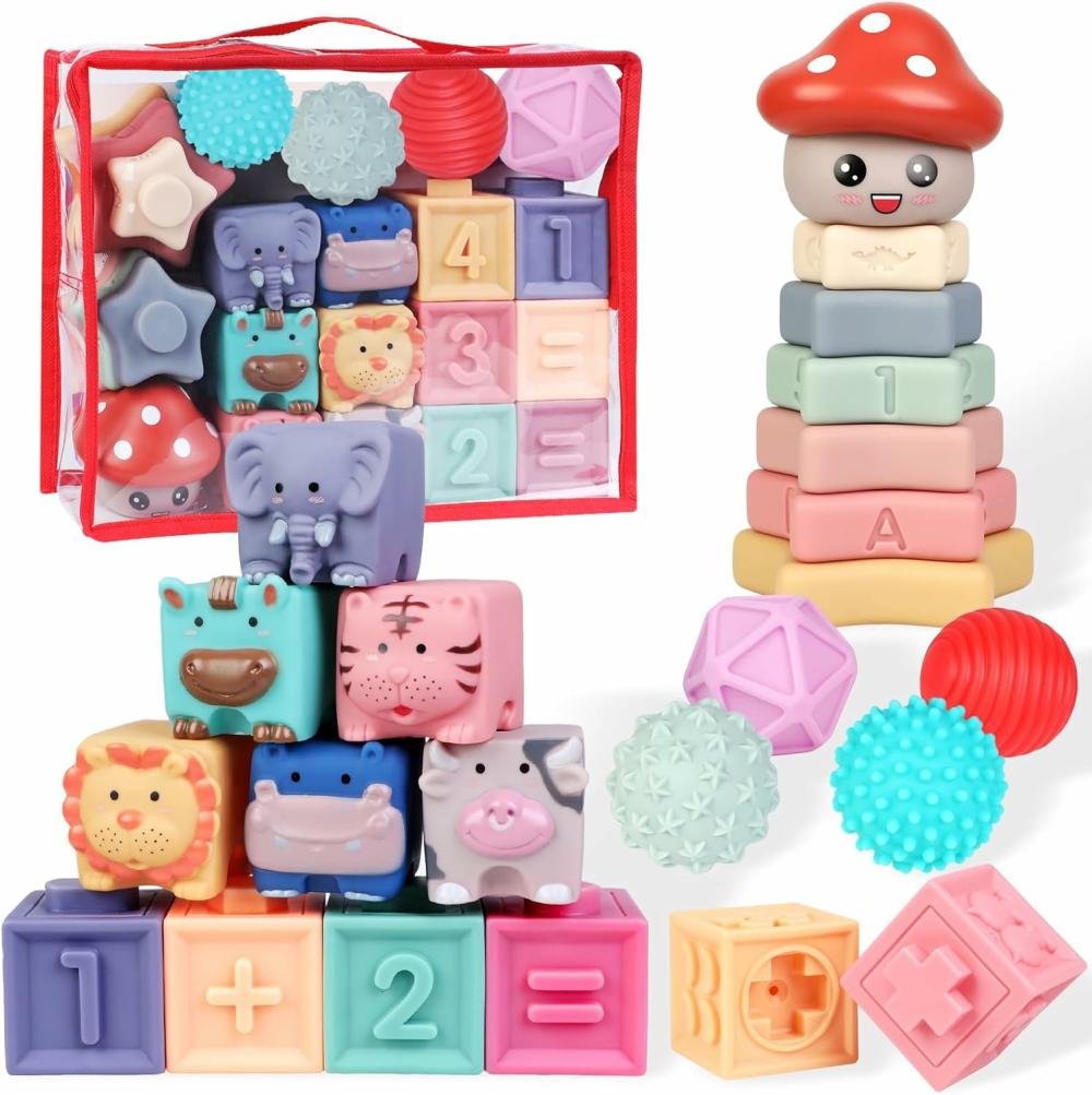 Jouets de tri et d’empilage  | Jouets pour bébés – Blocs pour tout-petits – Jouet Montessori 3 en 1 pour bébés de 6 à 12 mois – Jouets de dentition doux – Empilage et construction pour bébés garçons et filles – Activité sensorielle en silicone avec animaux – 23 pièces