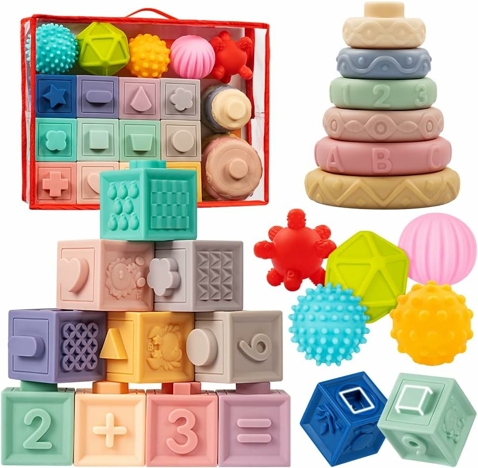 Jouets de tri et d’empilage  | Jouets pour bébés de 6 à 12 mois – Jouets Montessori pour bébés de 6 à 12 mois incluant des blocs de construction empilables, des jouets de dentition doux pour nourrissons et des balles sensorielles pour tout-petits de 0 à 3-6-9-12 mois.