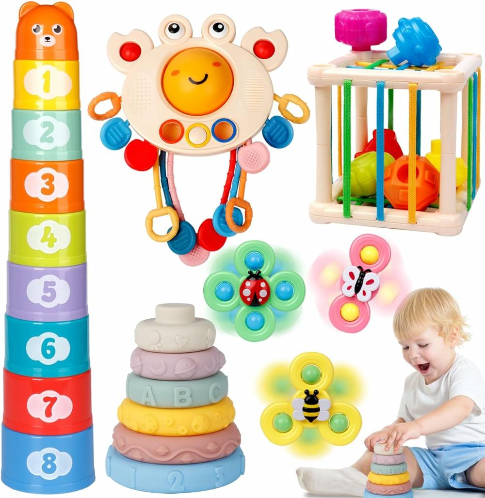 Jouets de tri et d’empilage  | Jouets pour bébés de 6 à 12 mois – Jouets Montessori pour enfants de 1 an – Jouets de dentition en silicone avec corde à tirer – Bacs de tri de formes – Jouets sensoriels – Jouets pour nourrissons 5 en 1 – Anneaux et tasses empilables – Jouet à ventouse pour tout-petit.