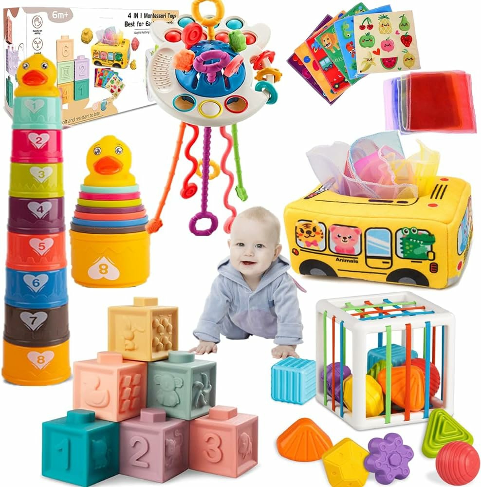 Jouets de tri et d’empilage  | Jouets pour bébés de 6 à 12 mois, jouets Montessori pour un an, jouets en silicone à tirer pour les dents, blocs de construction empilables, jouets pour nourrissons et tout-petits de 0 à 3 ans, jouets sensoriels de tri de couleurs et de formes, cadeaux pour bébés garçons et filles.