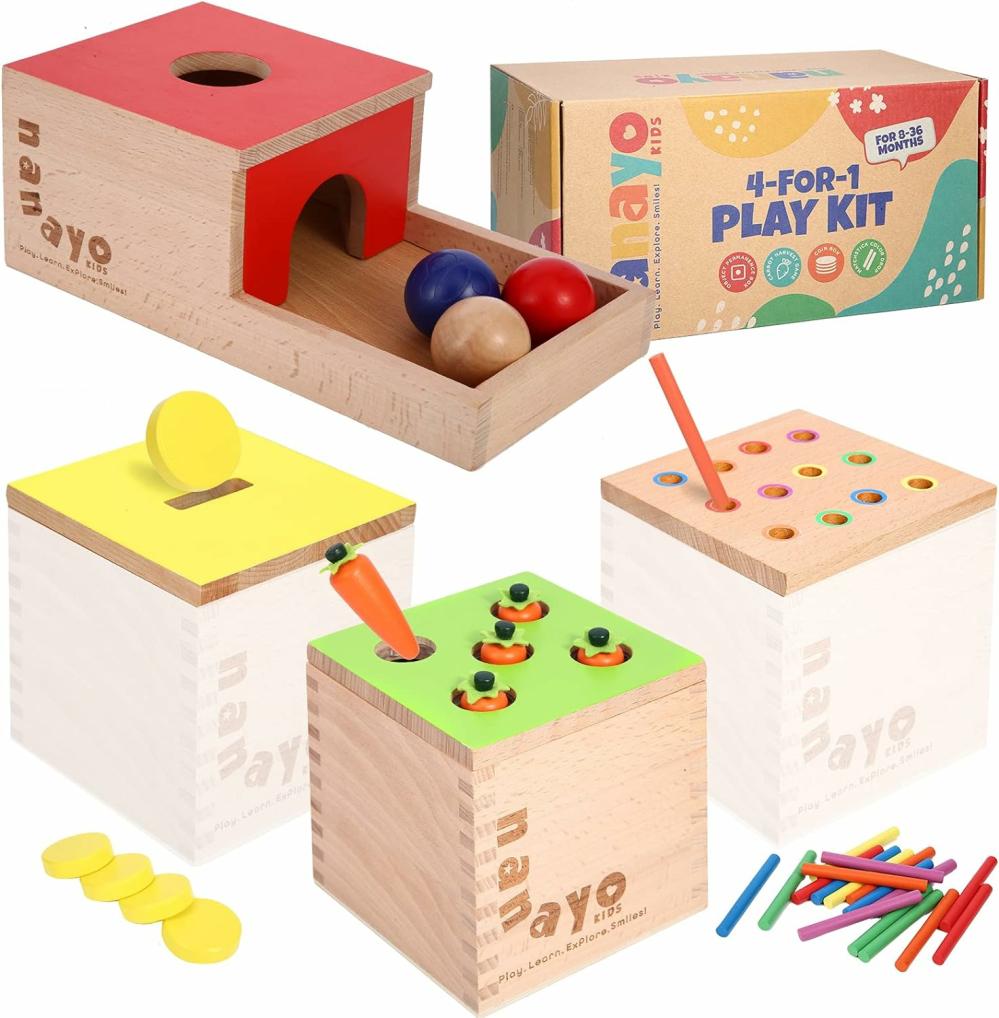 Jouets de tri et d’empilage  | Kit de jeu 4-en-1 comprenant la boîte de permanence des objets, le jeu de récolte de carottes Montessori, le jeu de chute de couleurs avec des allumettes – Jouets pour bébés de 6 à 12 mois, 1 an, 2 ans et 3 ans.