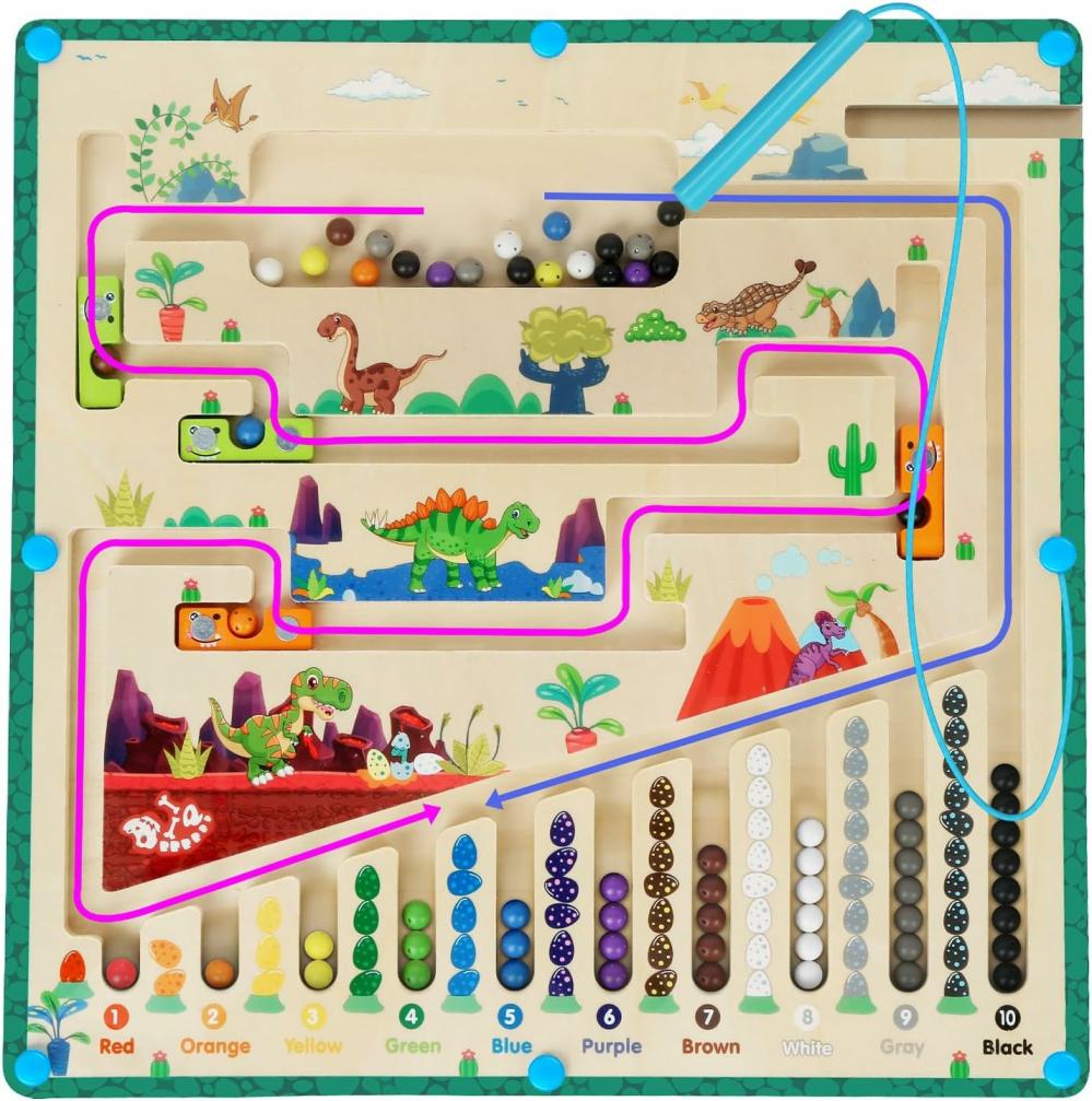 Jouets de tri et d’empilage  | Labyrinthe Magnétique de Couleurs et de Nombres – 2 Façons de Jouer Jouets Montessori pour Enfants de 3 à 5 Ans Tri de Couleurs de Dinosaure et Comptage Tableau Magnétique en Bois Jouets Éducatifs Idéal Cadeau pour Garçons et Filles