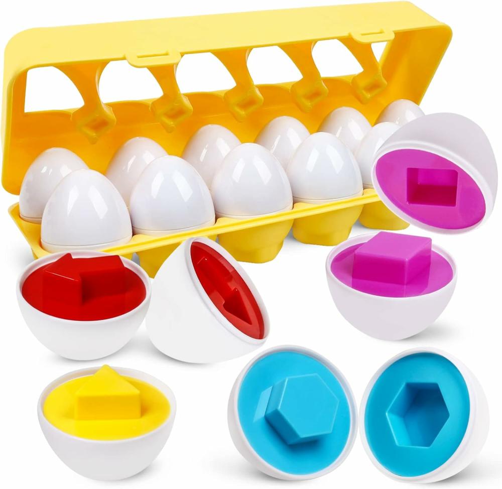 Jouets de tri et d’empilage  | Oeufs de Pâques à assortir pour tout-petits – Ensemble de 12 pièces – Jouets de puzzle en œufs de couleur et de forme – Oeufs géométriques Montessori – Jeu éducatif pour la maternelle – Cadeaux pour le développement des compétences motrices fines pour les enfants de 1, 2 et 3 ans, garçons et filles.