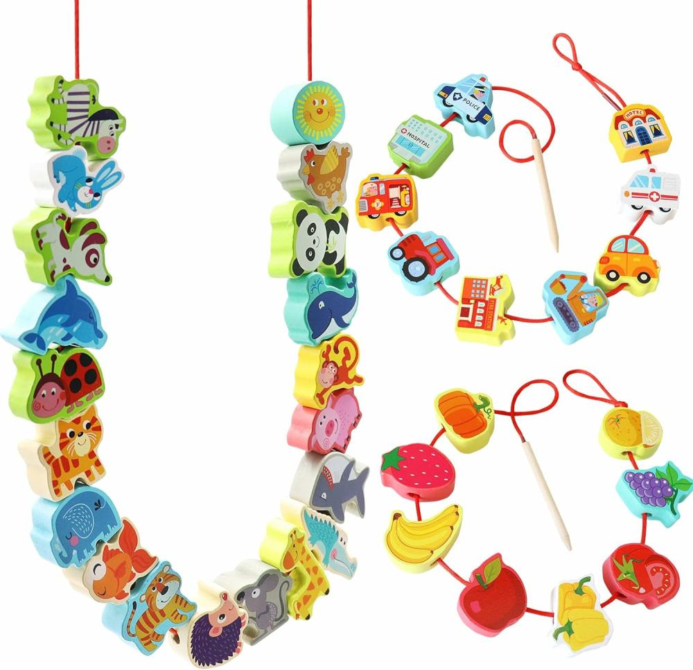 Jouets de tri et d’empilage  | Perles en bois à lacer – Jouets éducatifs Montessori pour le filage – Activités préscolaires pour enfants de 3 ans et plus – Jouets à enfiler pour garçons et filles