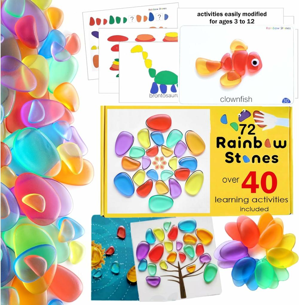 Jouets de tri et d’empilage  | Pierres Arc-en-Ciel 72 Pierres 40+ Activités Jouets d’Apprentissage et d’Éducation Indispensables pour la Classe Manipulatives Mathématiques Manipulatives pour Table Lumineuse Jouets Éducatifs pour Enfants de 5 à 7 Ans Jouets Montessori