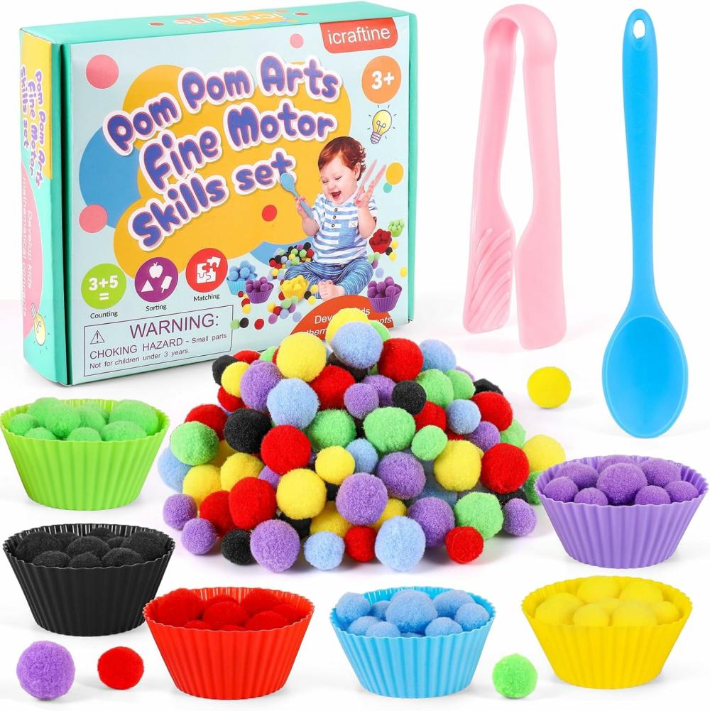 Jouets de tri et d’empilage  | Set de 158 pièces pour le développement des compétences motrices fines – 150 pompons, 6 bols de tri, pincettes, cuillère, remplissage sensoriel pour les enfants d’âge préscolaire, activités de comptage, de tri et d’appariement.