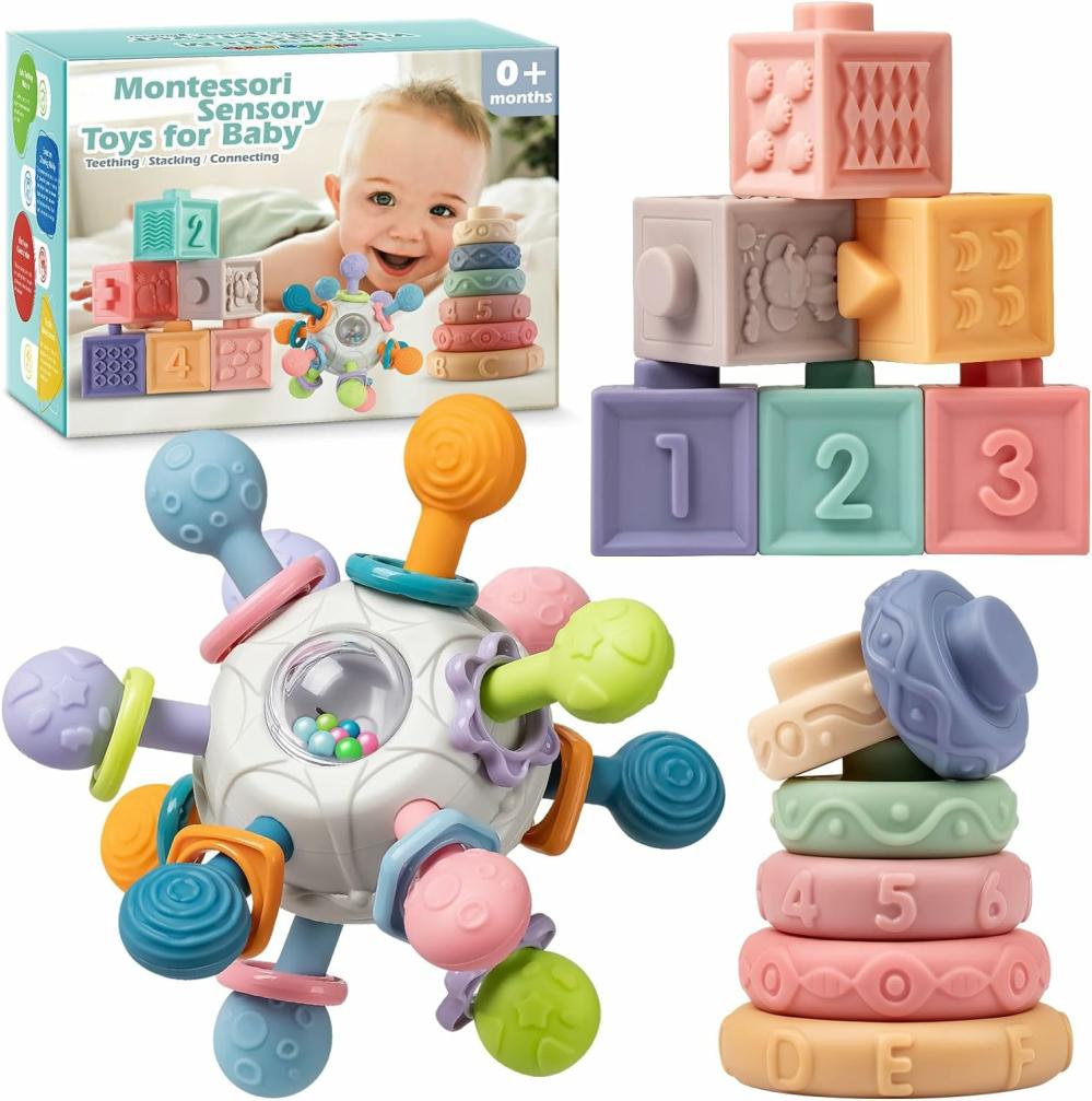 Jouets de tri et d’empilage  | Set de jouets de dentition sensoriels pour bébés Montessori 6-12 mois incluant un hochet de nouveau-né, un anneau de dentition, des blocs de bébé et des anneaux empilables souples. Idéal pour les cadeaux de bébé garçon ou fille, jouets pour nourrissons 0-3-6-9-12-18 mois.