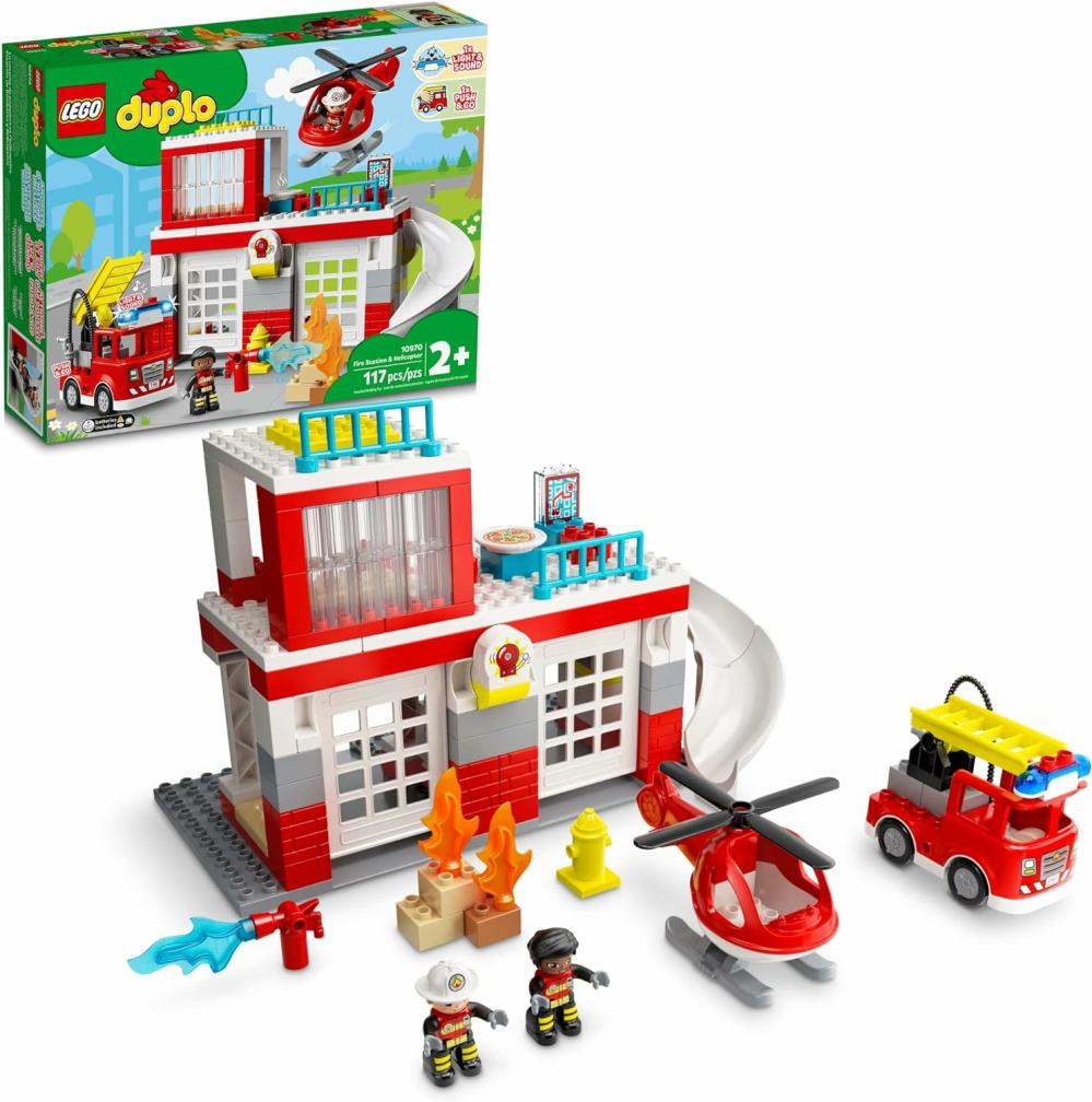 Jouets de tri et d’empilage  | Station de pompiers Duplo & ensemble de jeu hélicoptère 10970 avec camion à pousser pour tout-petits garçons et filles de 2 ans et plus, grands blocs, jouets éducatifs d’apprentissage.