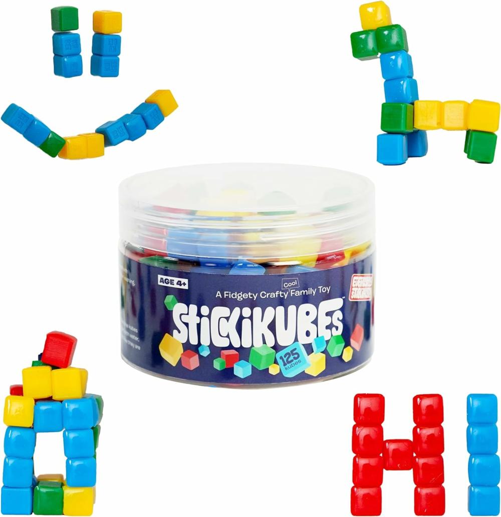 Jouets de tri et d’empilage  | Stickikubes – Mini Cubes Empilables Qui Collent À Tout – 125 Cubes En 4 Couleurs – Tub En Plastique – Non Toxique Et Sûr Pour Les Enfants